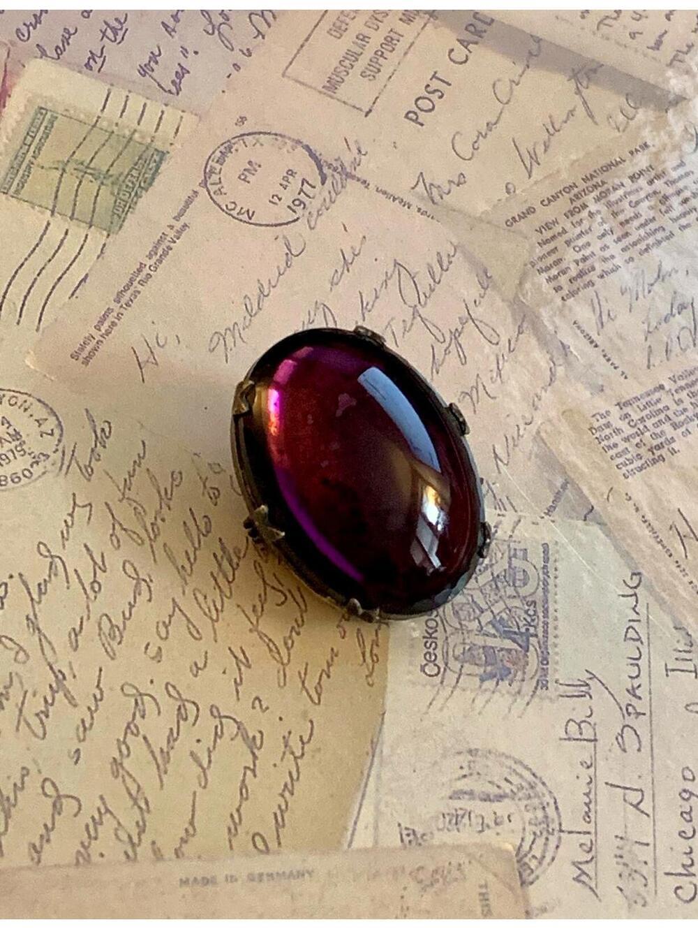 Mystic Plum Cabochon Brooch - Luminous Domed Glass Oval Statement Pin